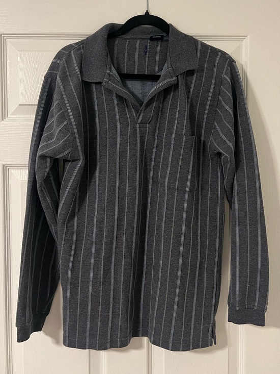 Tops - Vintage Grey Striped Long Sleeve Polo | Dad Core / Minimalist | Size S